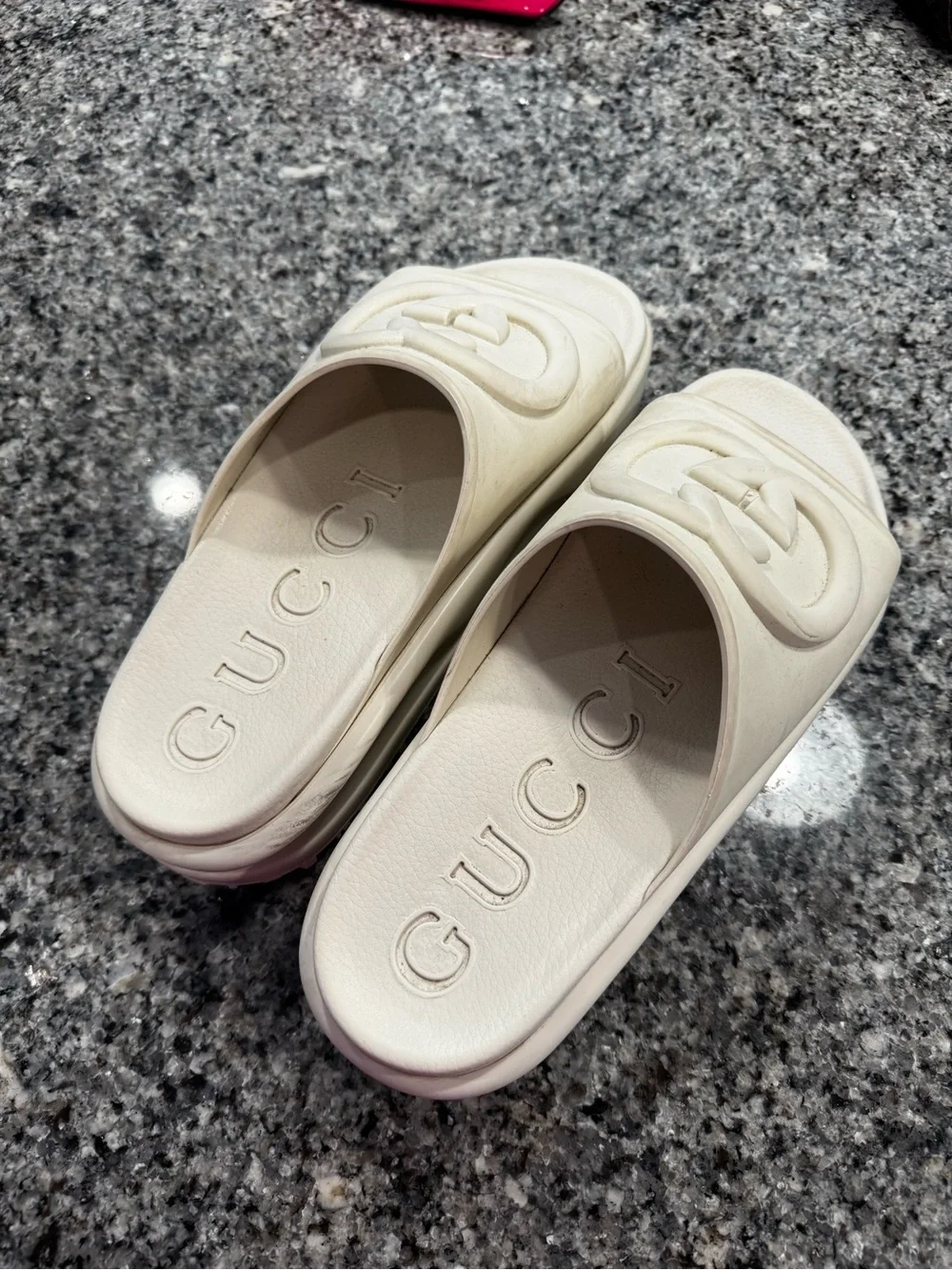 Gucci Cream Rubber Interlocking GG Slide Sandals - Size 41